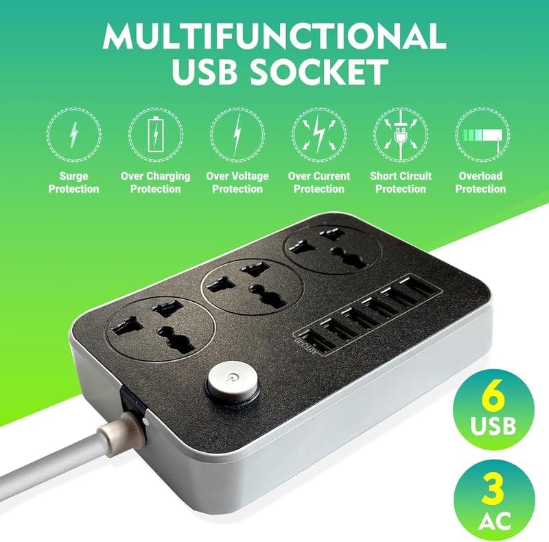 6-Port USB Charging Power Strip with 3 Universal AC Outlets, Multi-Function Extension Socket with On/Off Switch, UK 3-Pin Plug, Desktop Travel Power Hub