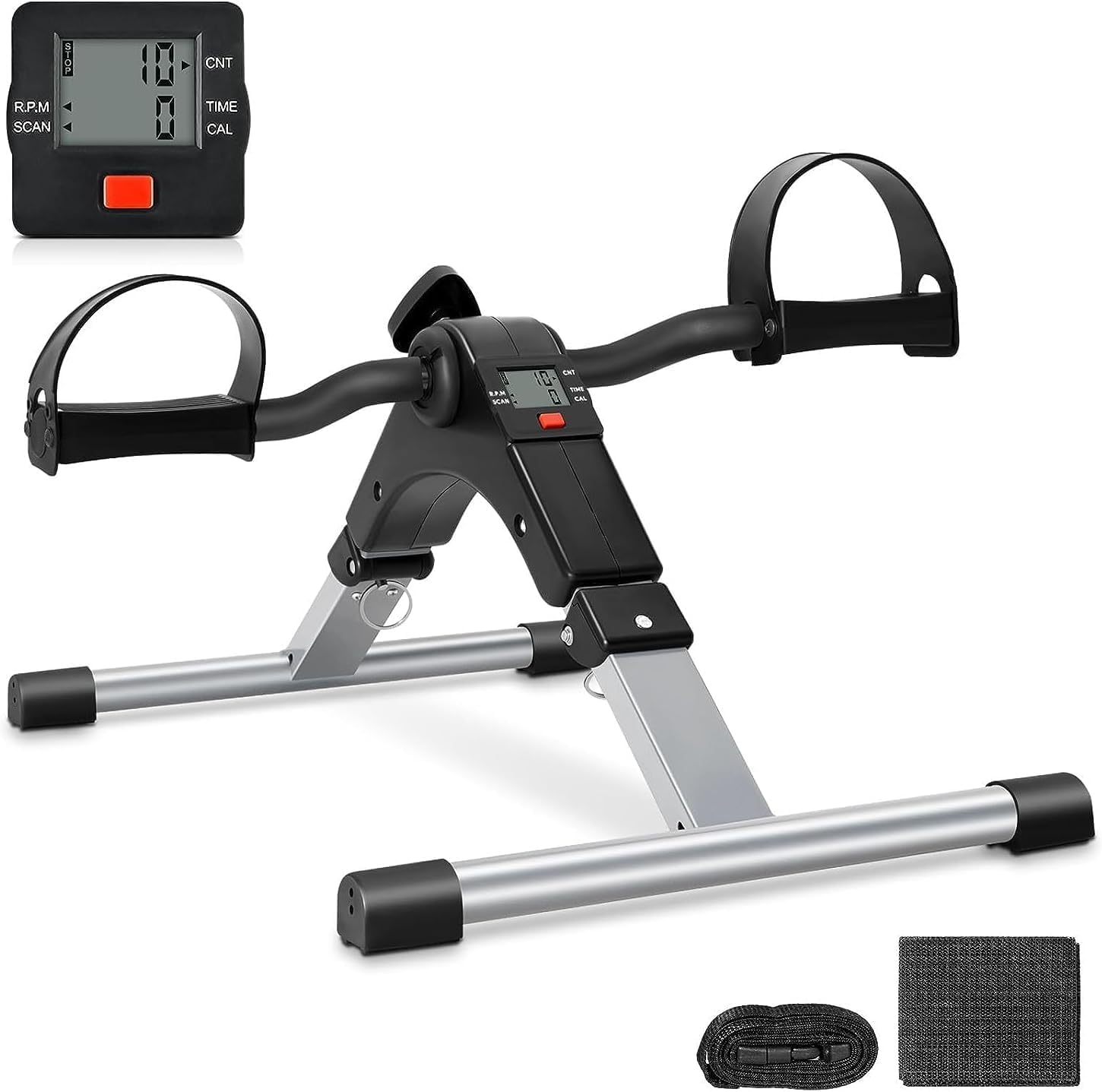 Folding Pedal Exerciser, Under Desk Bike Pedal Exerciser, Mini Exercise Bike for Legs and Arms, Portable Foot & Hand Cycle Peddler Machine with LCD Monitor, Compact Home & Office Exercise Equipment